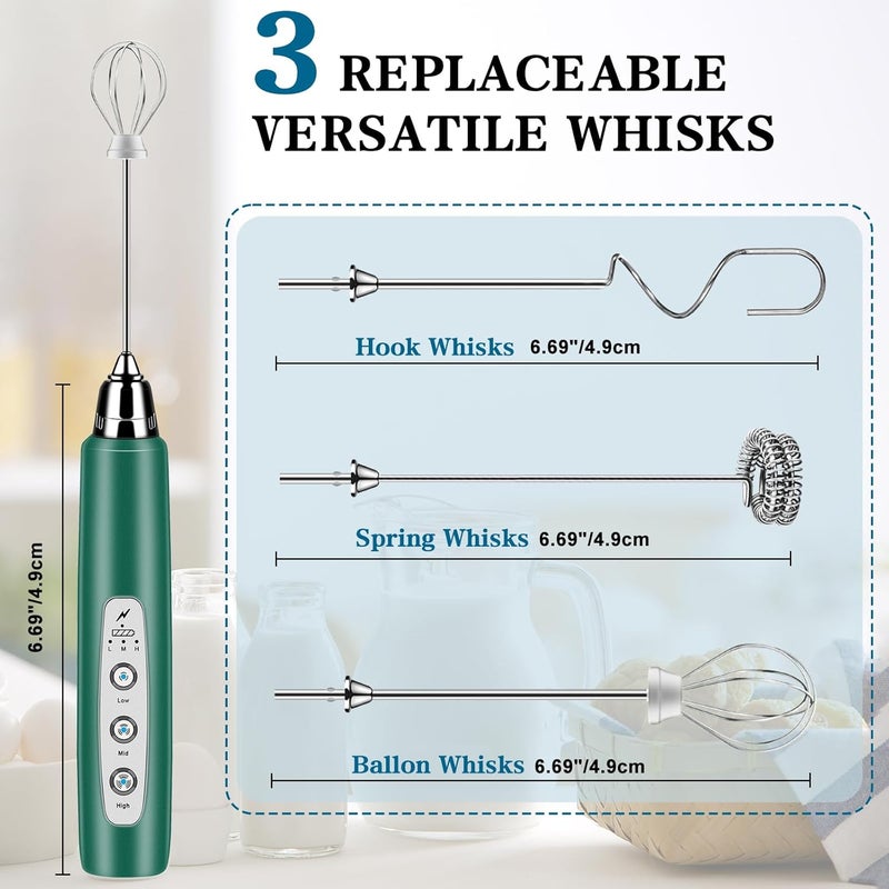 BSRGMS Milk Frother Handheld for Coffee, Electric Whisk 3 Speed Adjustable, Drink Mixer with Stainless 3 Whisks, Rechargeable Hand Frother Wand, for Latte Cappuccino Hot Chocolate Egg Green - Image 2